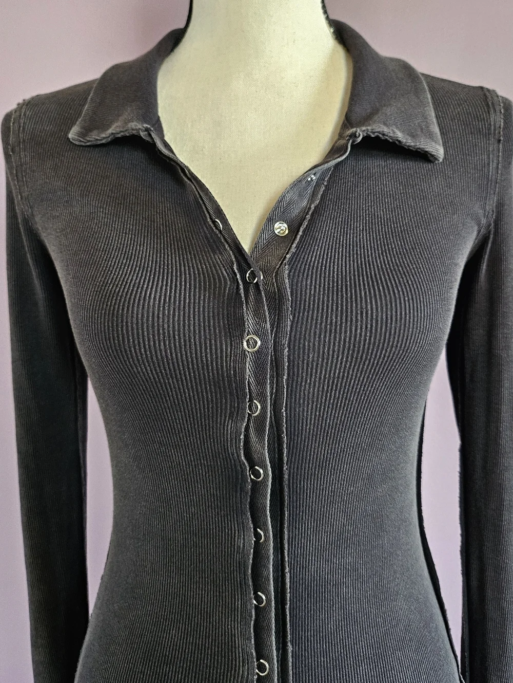 Free People We The Free Washed Black Betty Button Down Grunge Long Sleeve Top